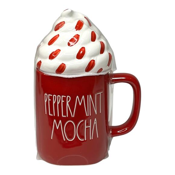 NEW Rae Dunn Ceramic Peppermint Mocha COFFEE MUG + TOPPER Cover Lid Red & White - Picture 1 of 4